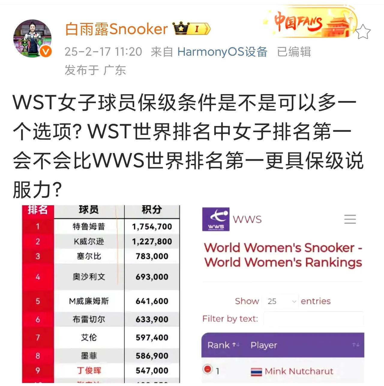 白雨露呼吁调整职业资格获取途径。目前WST职业巡回赛女子球员的保级资格仅通过两种
