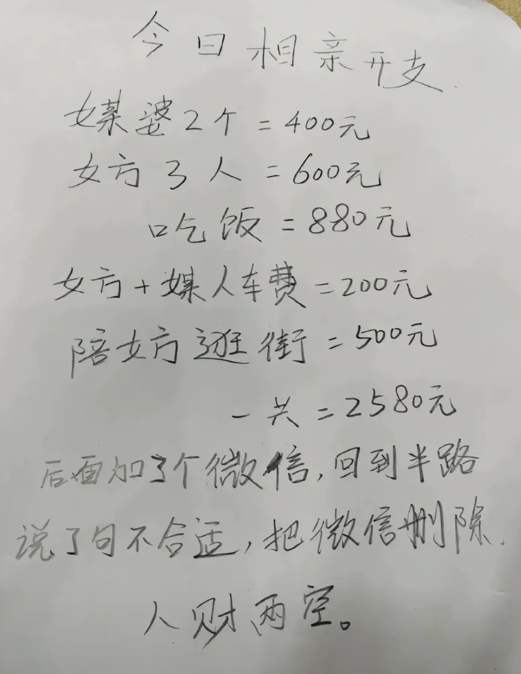 现在过个年相亲成本这么高，一位网友网上发了相亲失败还花费二千多元，2个媒婆400