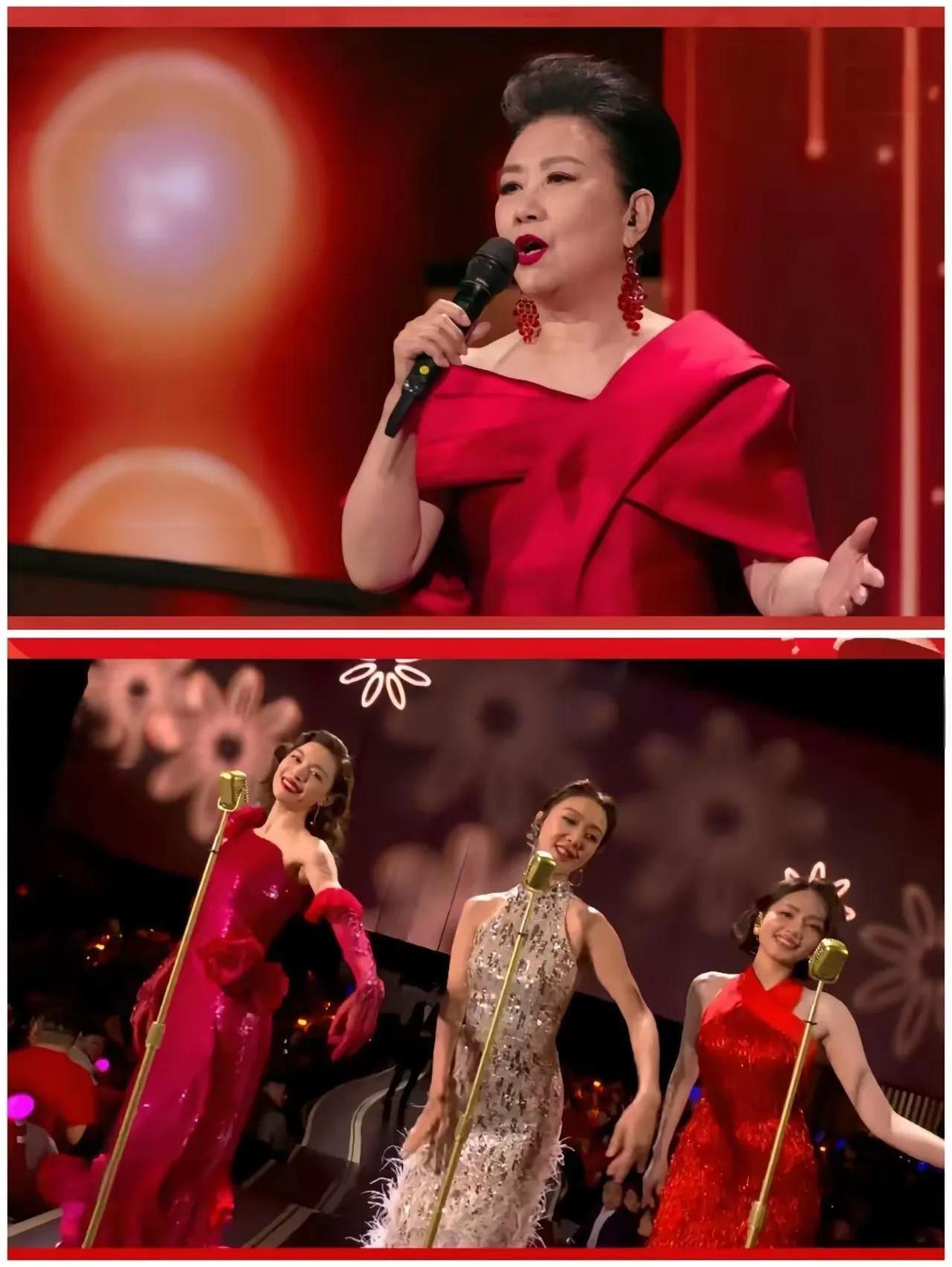 你们瞧瞧！
在汪明荃还没登台亮相的时候，那舞台上的三位美女已经把大伙的目光牢牢锁