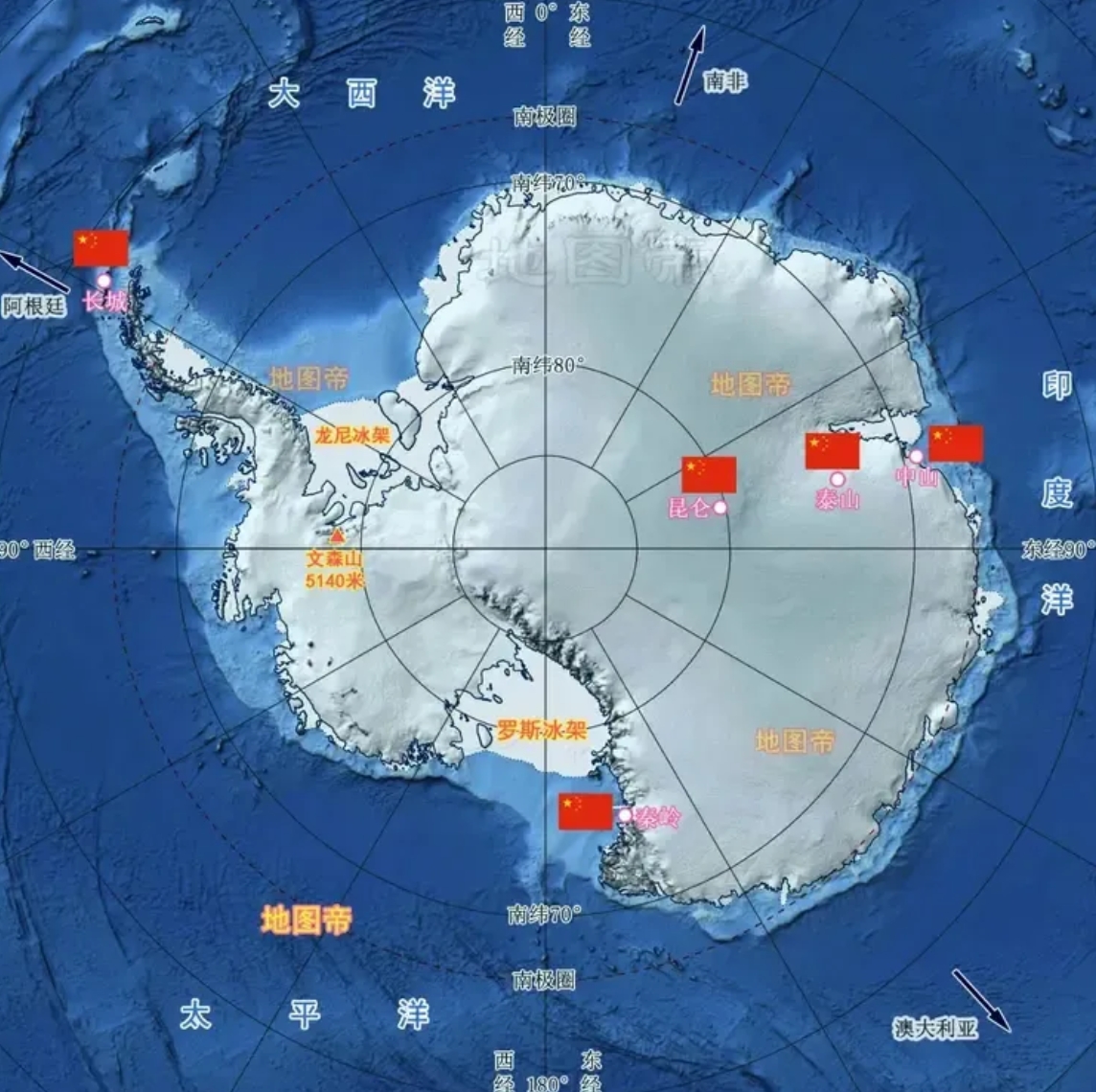 中国在南极的五个科学考察站位置地图。中国在南极的五个科学考察站的分别是长城站、中