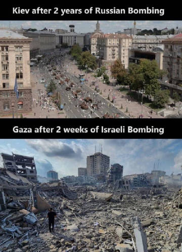 被俄罗斯轰炸两年后的基辅
VS
被以色列轰炸两周后的加沙