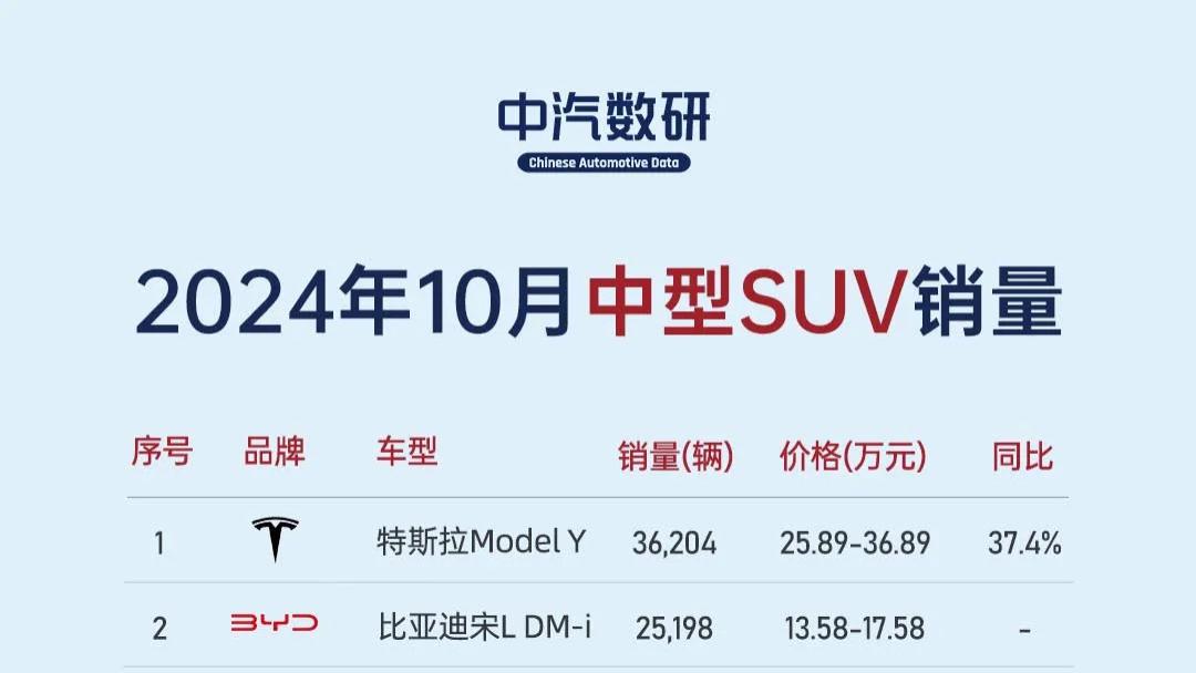 2024年10月中型SUV销量总榜