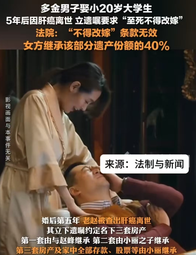 山东一男子娶小20岁大学生，五年后病逝，立遗嘱要求其至死不改嫁。大学生起诉男子父