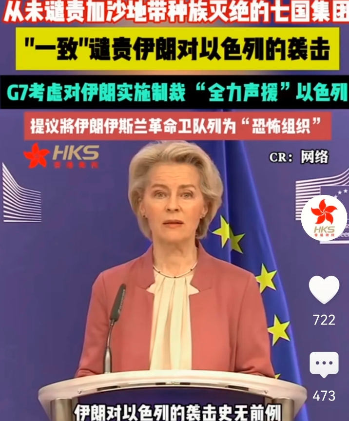 G7的态度：
以色列长期蚕食巴勒斯坦地区领土，沉默。哈马斯袭击以色列，恐怖组织。