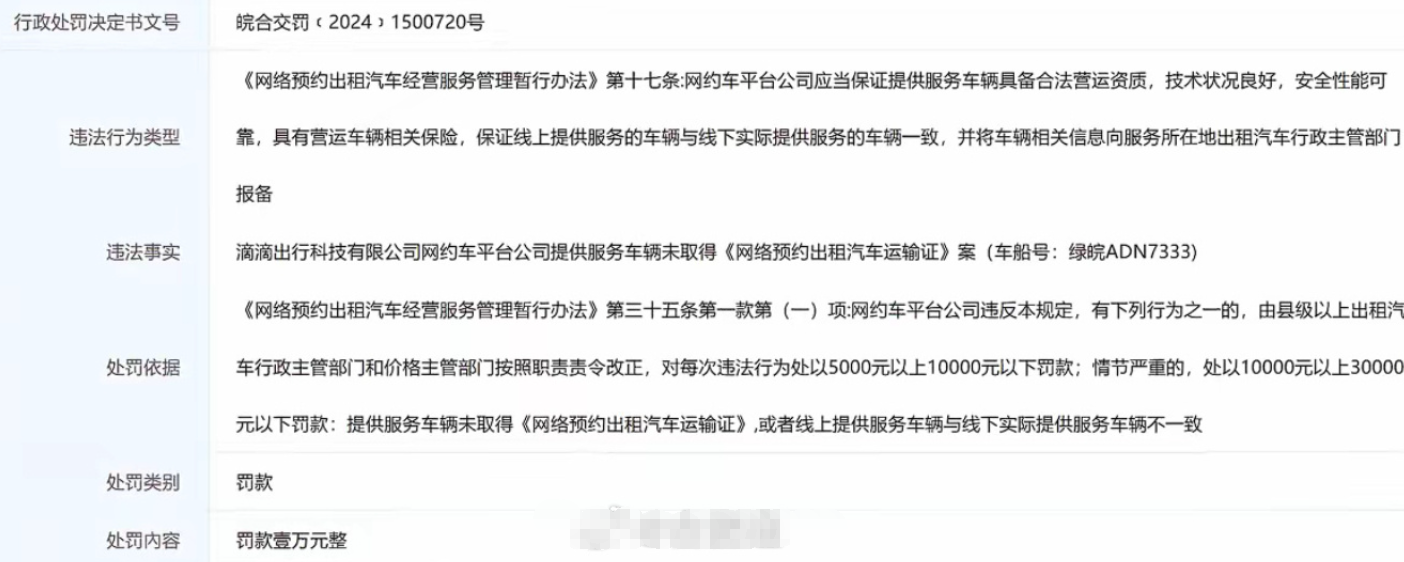 罚款1万！  滴滴出行合肥违规被罚！