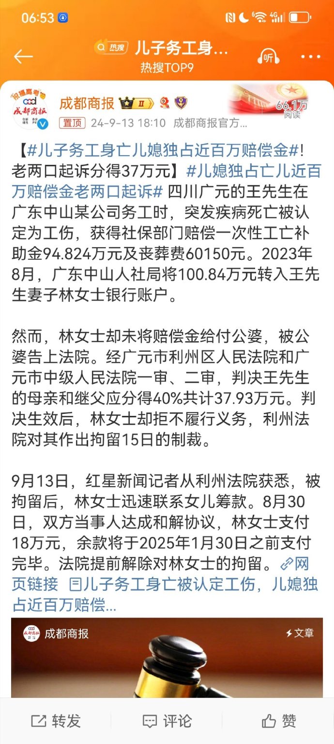 儿媳独占亡儿近百万赔偿金老两口起诉