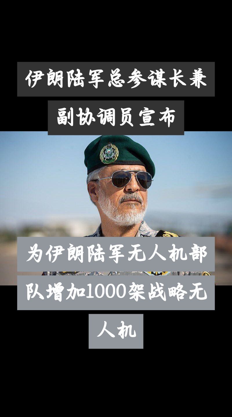 伊朗陆军总参谋长兼副协调员宣布为伊朗陆军无人机部队增加1000架战略无人机，并在