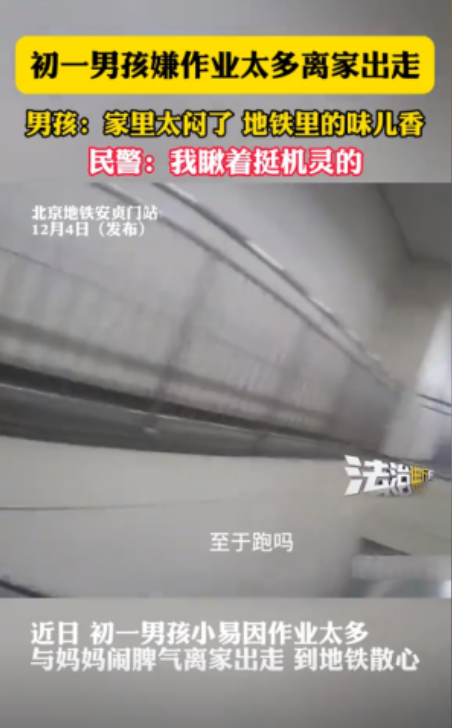 12月4日，北京一初一男孩嫌作业太多与母亲闹脾气离家出走，到地铁散心。母亲发现孩