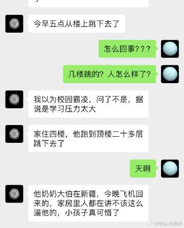 昨天凌晨五点，我的一个本家侄子趁家里人都在睡觉时一个人爬上顶楼天台跳了下去。才1