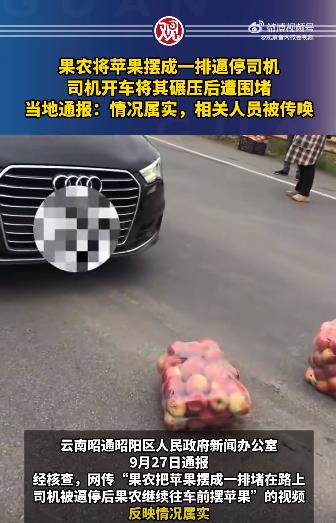 果农将苹果摆成一排逼停司机