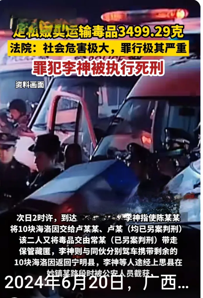 6月20日，广西防城港市中级人民法院依法对一名重大毒品犯罪分子李神执行了死刑。李