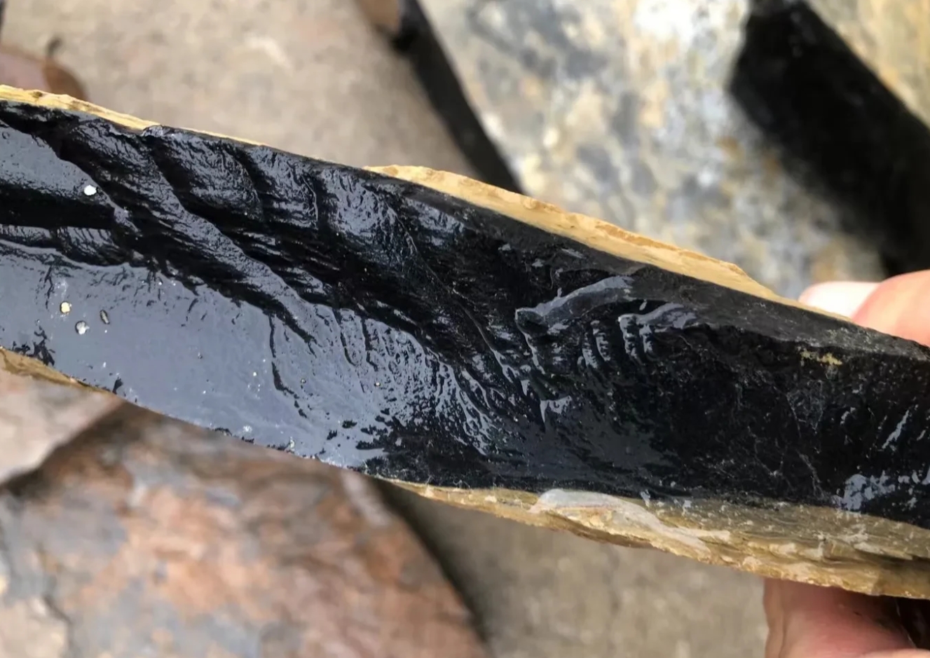 今天回腾冲路过一个山，发现这个山的一个部位都是这样黑色的板料矿石，这种石头敲一下