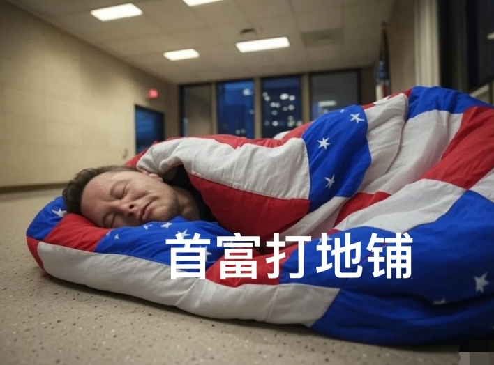 “世界首富打地铺！”据说世界上最富有的人马斯克此刻正在华盛顿楼里打地铺，他带领他