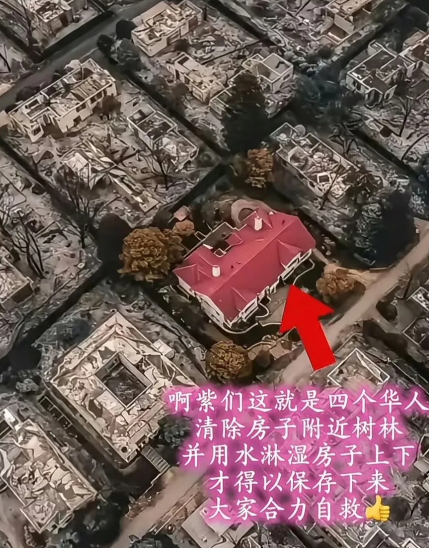 洛杉矶大火烧毁了所有房屋，唯独这一栋华人房子，通过淋湿房子上下保住了房子
另外西