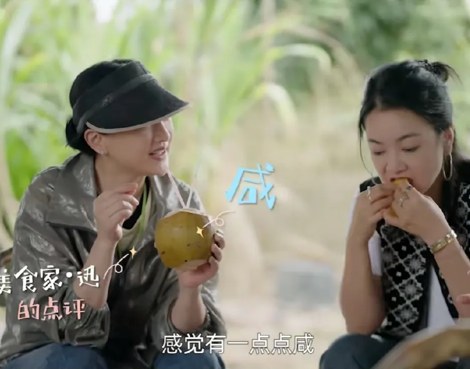陈楚生带着周迅从椰子树上摘了一颗椰子，然而周迅喝了一口后却紧皱眉头说：“有一点咸