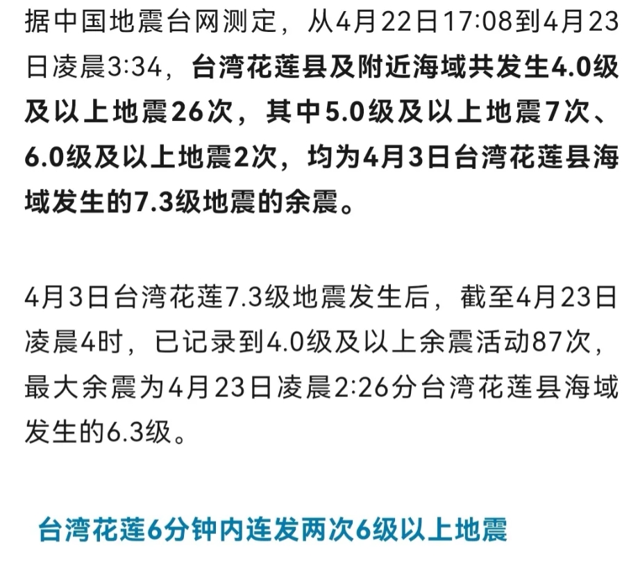 继4月3号台湾花莲县7.3级地震之后，今日凌晨台湾花莲又发生地震了，而且大大小小