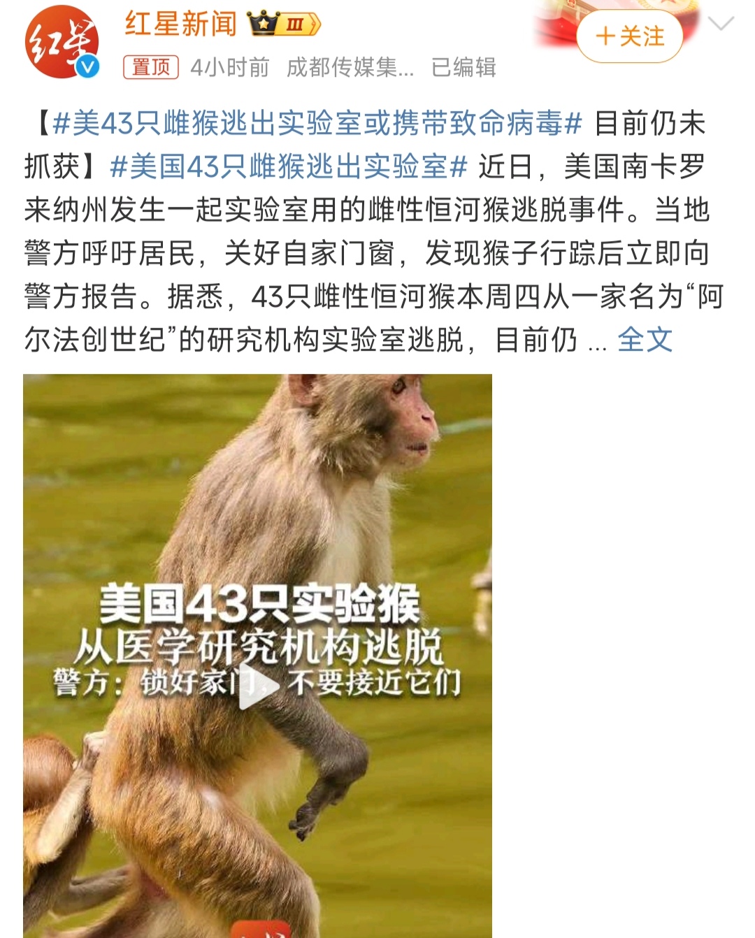 这就不对劲了！昨天被曝出来时，说这43只实验室猴是没有携带任何病毒的，不会对人造