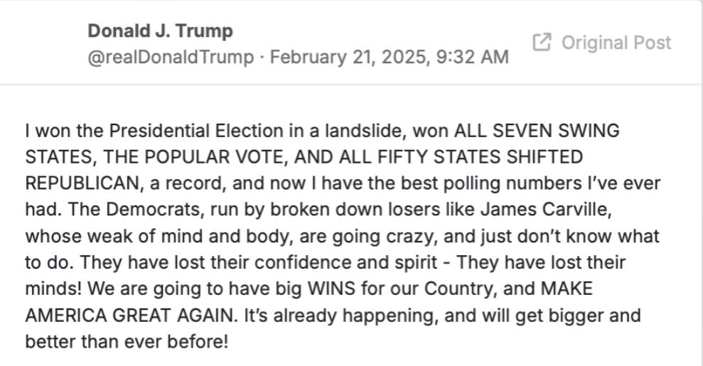 美国总统最新帖子：“我以压倒性优势赢得了总统选举，赢得了所有七个摇摆州，赢得了普