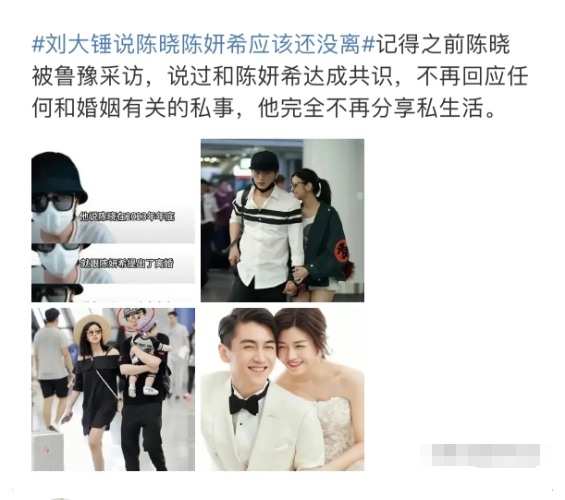 11月19日，刘大锤说陈晓陈妍希应该还没离，陈晓处境是杨子跟黄晓明的结合版。
