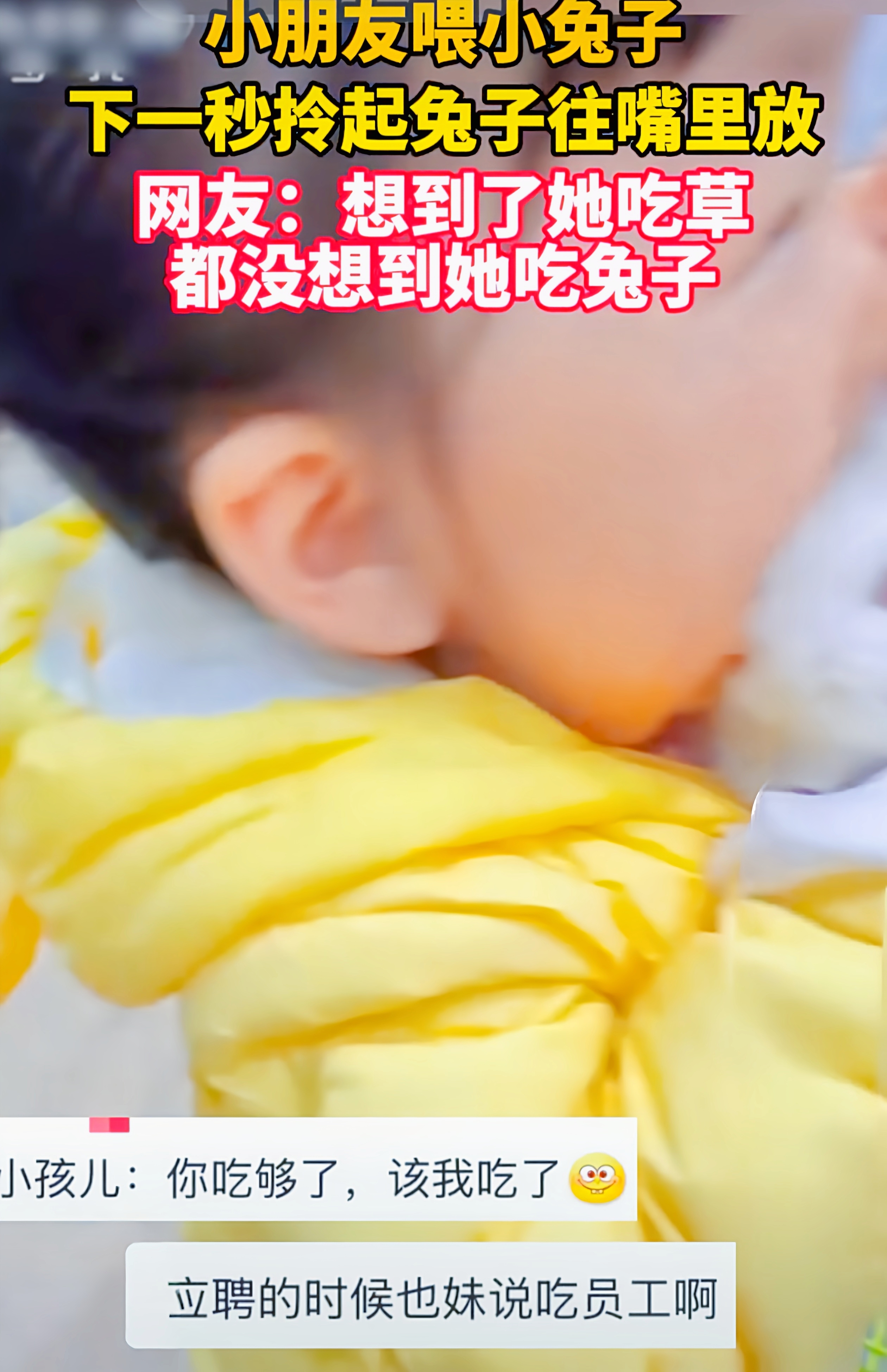 小朋友喂兔神操作，拎起就往嘴里放