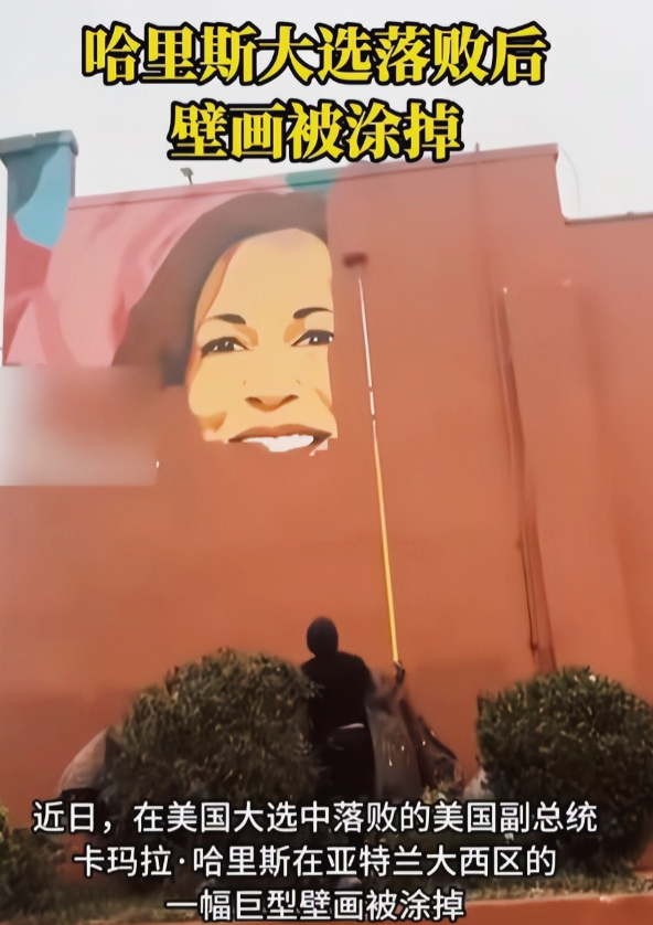 人走茶凉！哈里斯惜败特朗普后，她的巨型壁画被人涂掉！
 
这幅壁画其实刚完工没多