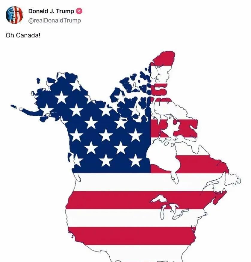 特朗普在推特上发布了美国“新”版地图，并配文：哦，加拿大。这版地图特朗普把加拿大