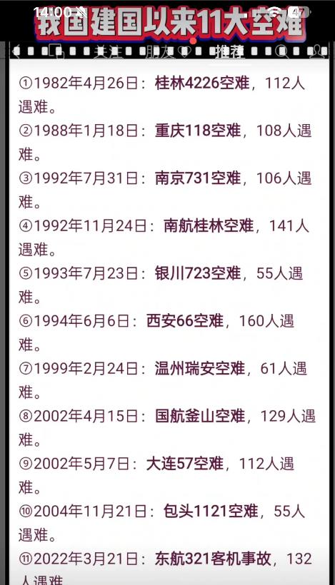 国建国以来也发生了11次空难事件，看到这些数字，实在难过啊！
最近一次，2022