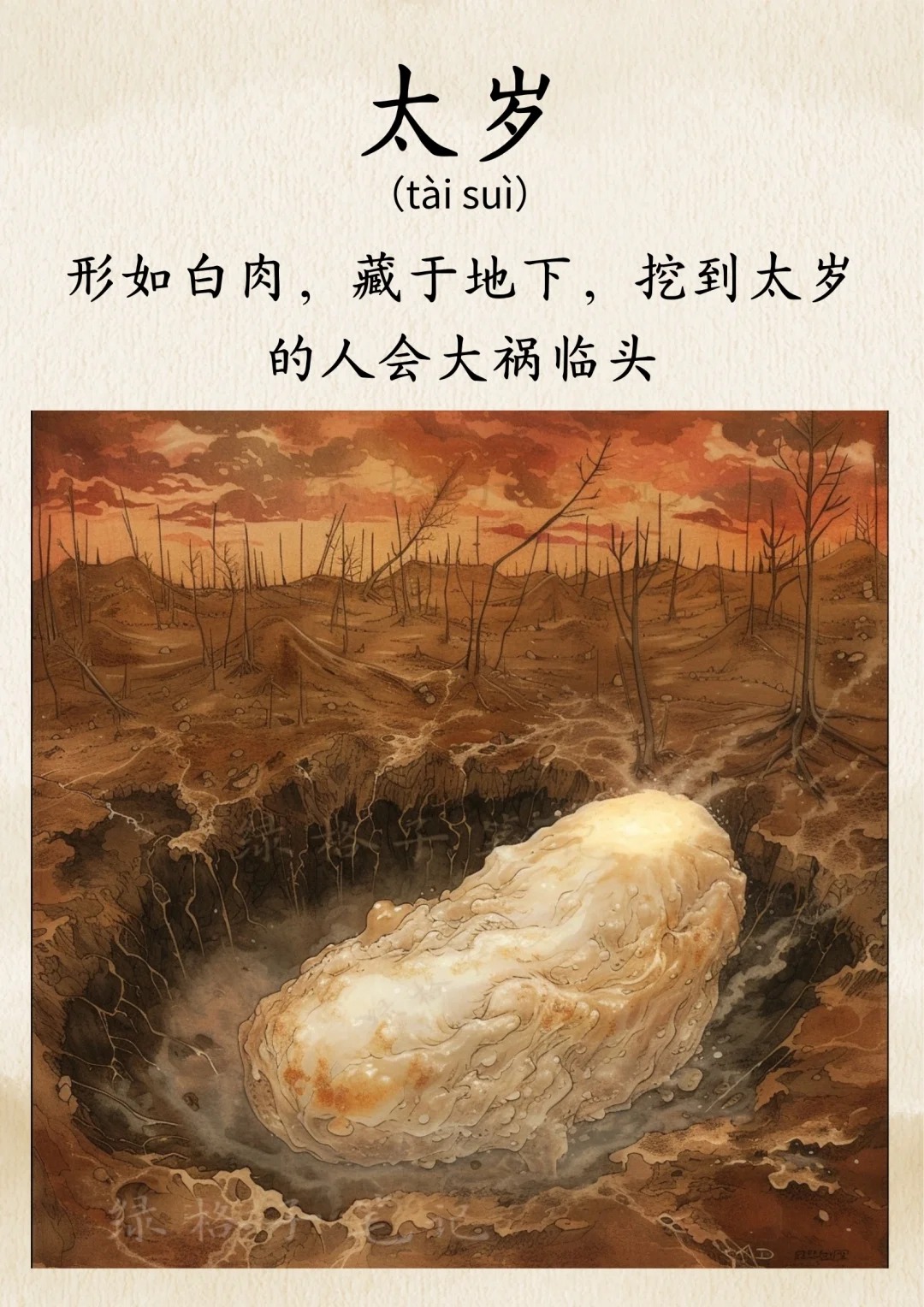 中国妖怪大全 399 太岁
【太岁】形如白肉，藏于地下，挖到太岁的人会大祸临头
