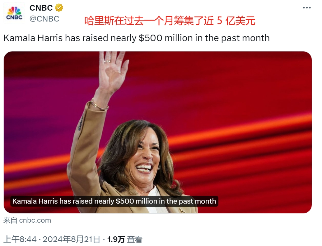 哈里斯一个月筹集了近5亿美元

根据CNBC的报道，自从7月21日拜登宣布退选后