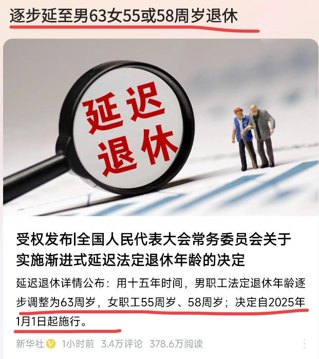 重磅，延迟退休年龄确定了，将在明年1月1日执行！
是不是没想到来的这么快？
男职