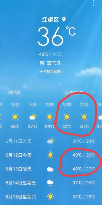2024年的第一个高温天来临了，坐等中午40℃高温。

这两年天气真反常，夏天奇