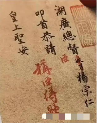 雍正皇帝在湖广总督杨宗仁奏折上的朱批，原本杨宗仁想拍拍马屁，自称为奴才，但雍正把