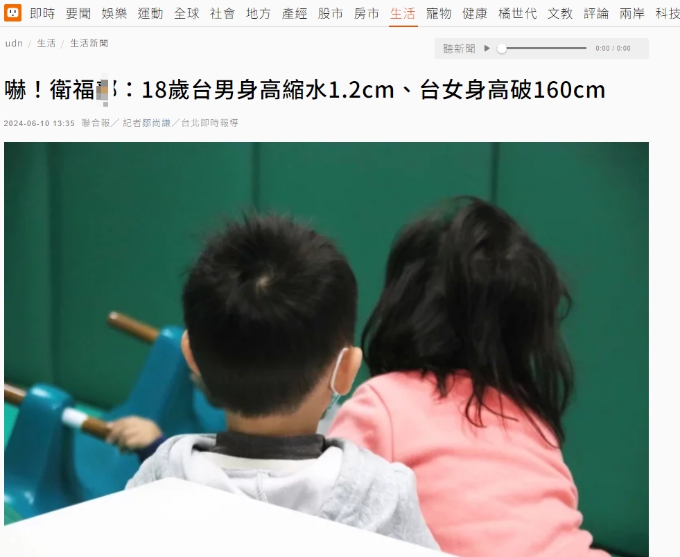 台湾18岁男性身高下降，女性上涨

根据台湾联合新闻网的报道，台湾地区的卫福部门