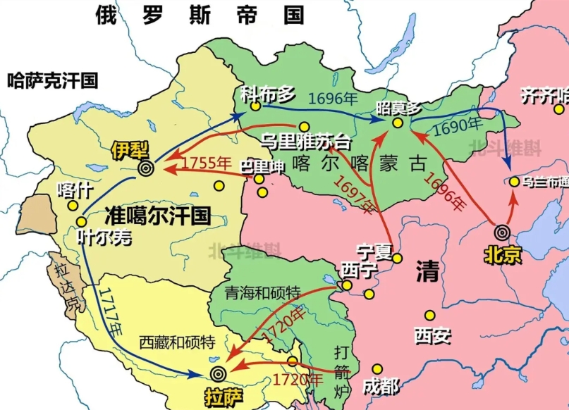 收复新疆后，清军没有停歇，但是继续向哈萨克腹地挺进，追击叛将阿睦尔撒纳。在行进过