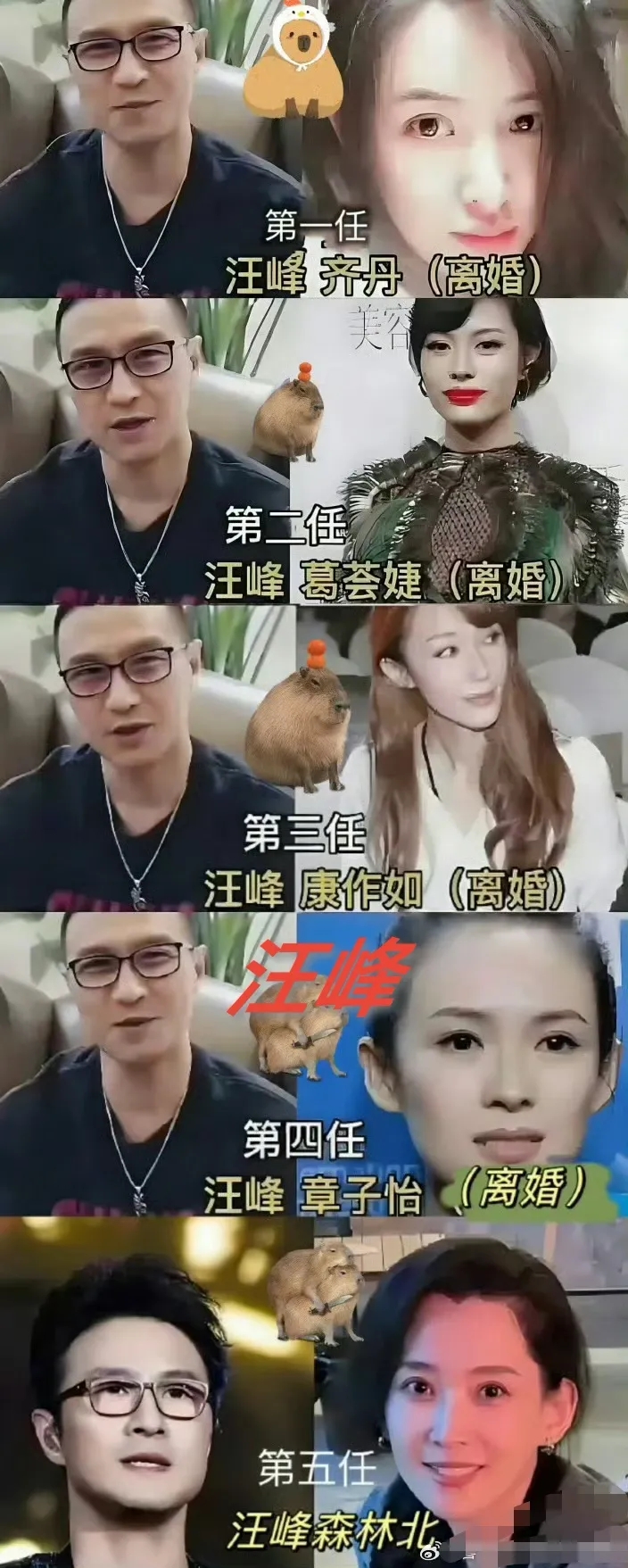 汪峰虽然上不了头条，
但是，
不得不承认，
他的女人缘真的不错。
每次离婚之后，