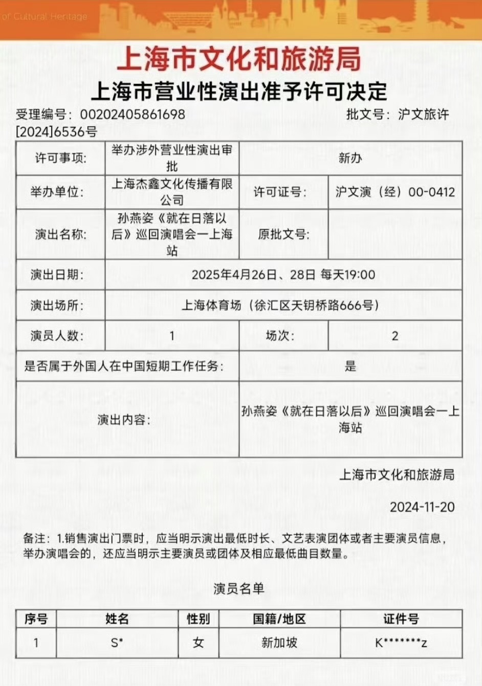 孙燕姿2025年在上海举办的演唱会都过审了，重点不是过审，而是两场演出，所以可以
