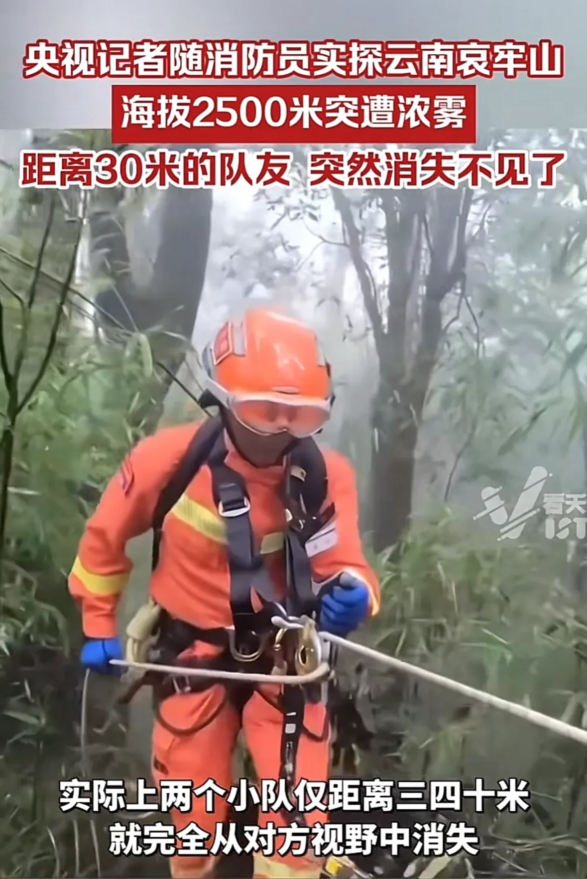 央视记者随消防员实探哀牢山，距离30米的队友，突然消失不见了。
云南哀牢山因一探