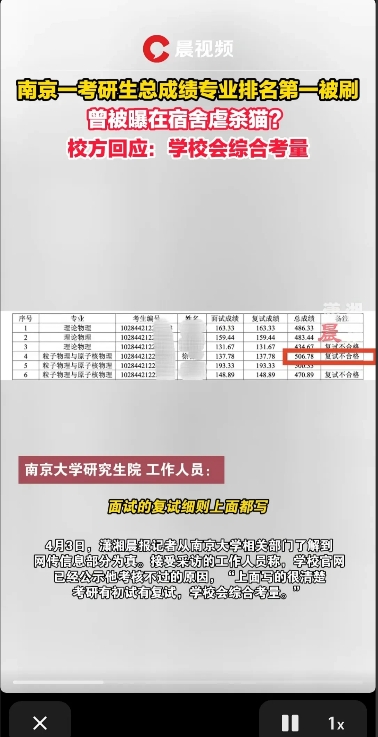 江苏南京，一名男子报考南京大学的粒子物理与原子核物理研究生，初试和复试的总成绩为