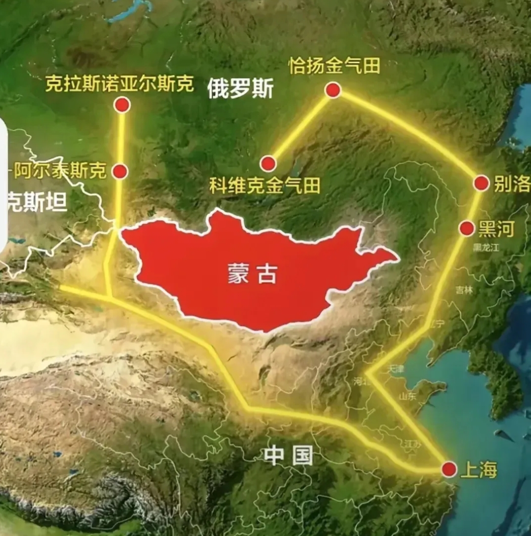 天然气管道绕过蒙古国是多么明智啊！看图中的两条管道虽然远点但排除了过境的危险，短