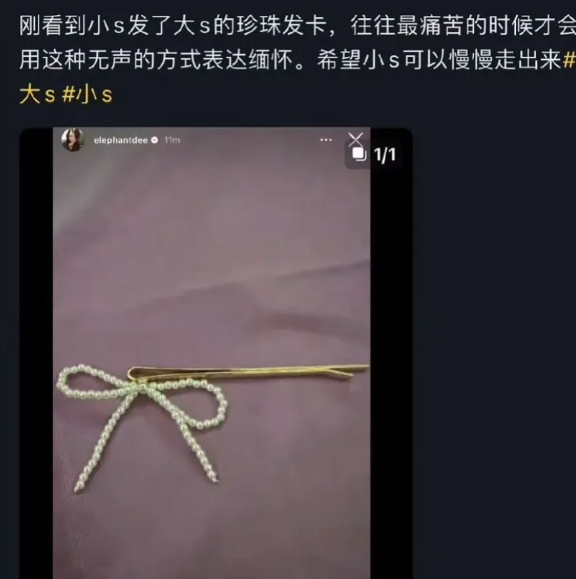 小S晒的这个蝴蝶结发夹某宝同款不到20，感觉不太像大S的遗物啊。
反而是网友说的