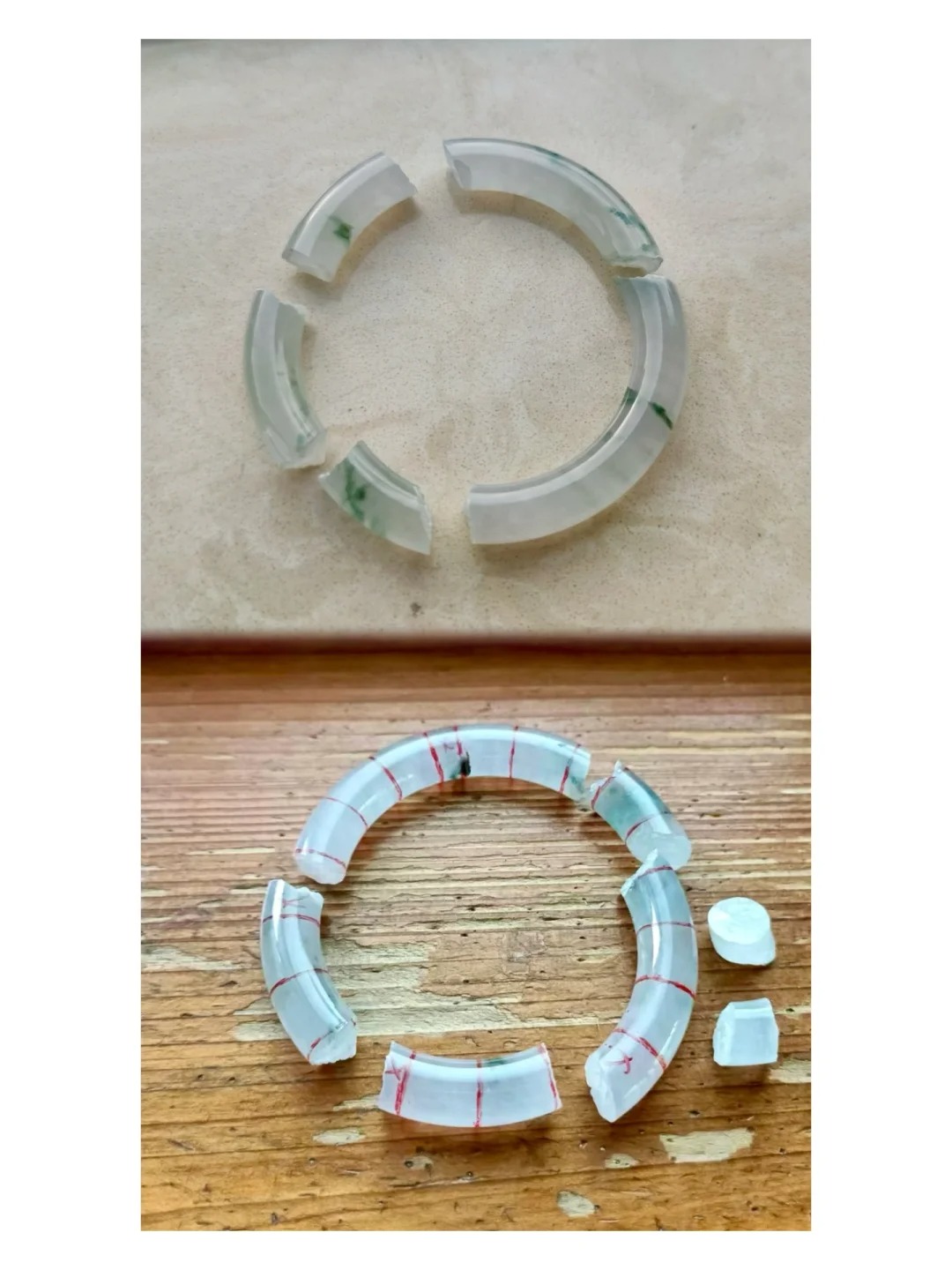 另一种方式的陪伴~飘花断镯变形记
从卡10飘花圆条10圆珠（师傅说的卡9.7，我