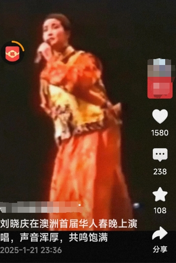 刘晓庆在澳洲首届，华人春晚上演唱。声音浑厚，共鸣饱满。网友说：在一路繁华里，看着