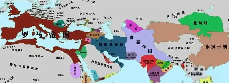 东汉时期通过丝绸之路连接的四大帝国：罗马，帕提亚，贵霜，东汉