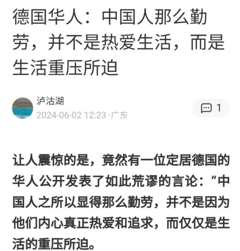 一位定居德国的华人说:“中国人之所以显得那么勤劳，并不是他们内心真正的热爱和追求