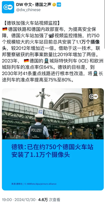德国之声昨晚（12月30日晚）报道：“【德铁加强火车站视频监控】德国铁路和德国内