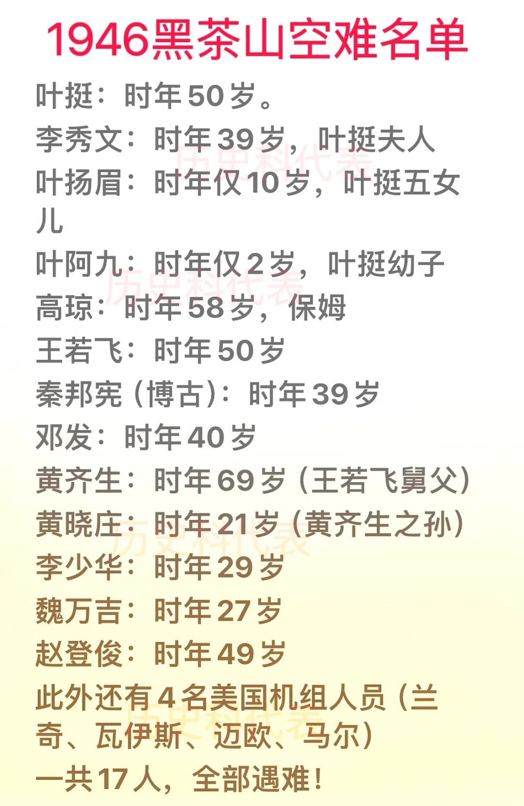 预谋还是意外？1946年的黑茶山空难名单！
这个是当时震惊中外空难事件
1946