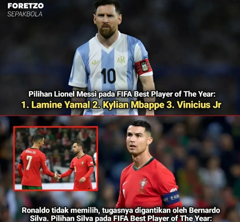 国际足联公布梅西和C罗的投票结果
梅西投票：亚马尔、姆巴佩、维尼修斯
C罗没有投