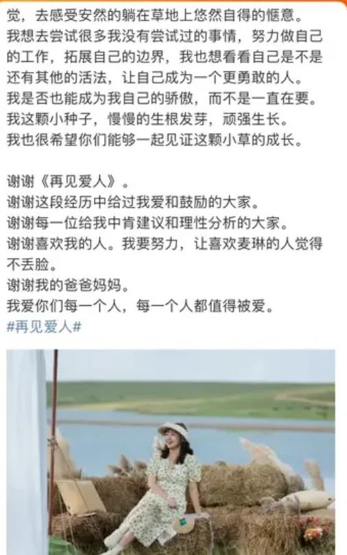 看看《再见爱人4》6位嘉宾告别节目的微博都说了啥。

麦琳说婚姻的清创太痛了，未
