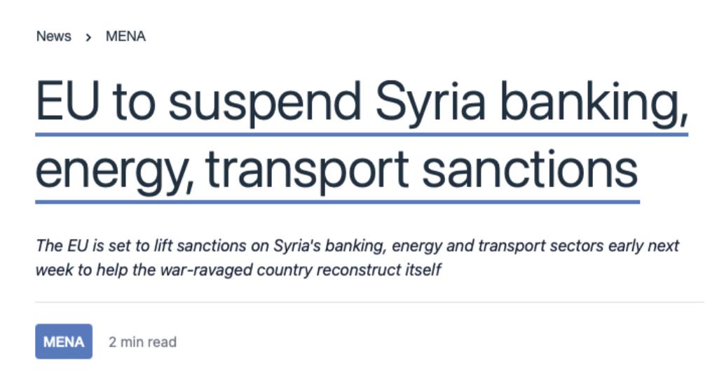 据报道，欧盟将于下周一暂停对叙利亚银行、能源和运输部门所实施的制裁，以帮助该国在