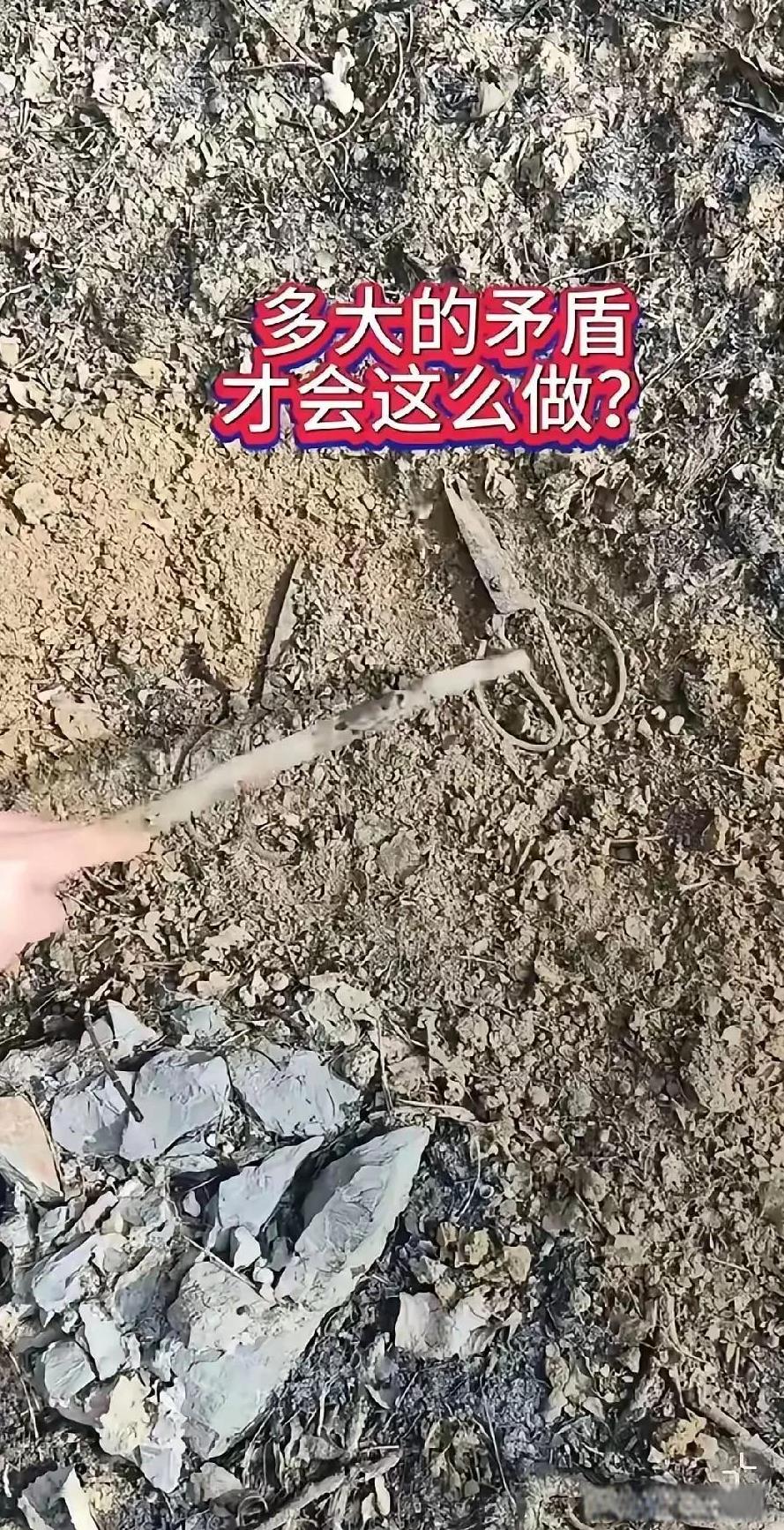重庆，除夕这天，有一位村民跟家人到后山祭祖，无意中发现坟前的泥土里埋着一把剪刀，